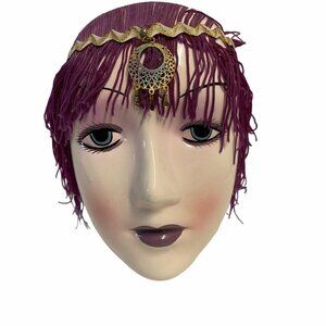 Vintage Porcelain Wall Mask with Purple Beaded Hair Gold Headband